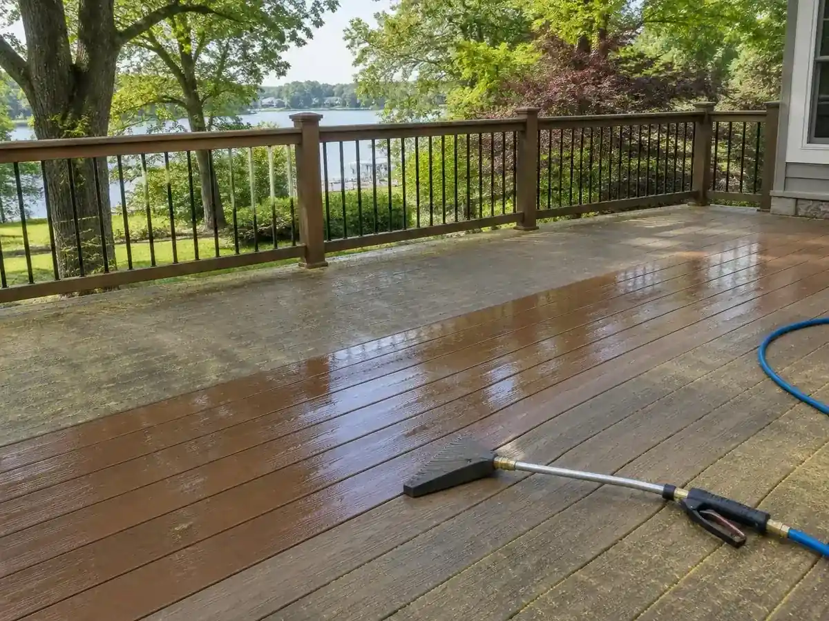 Composite deck cleaning in progress overlooking trees in Lake Barrington, IL