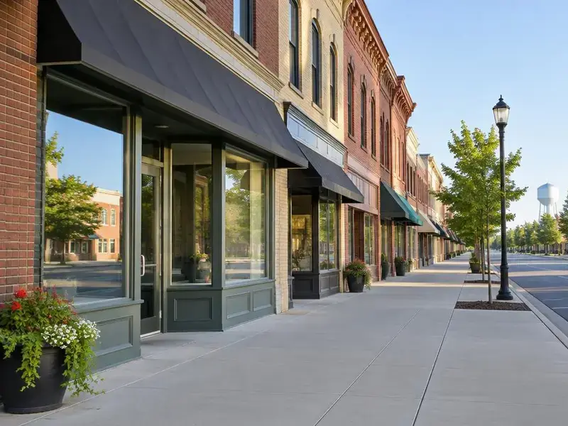 Clean storefronts and sidewalk in downtown Cary, IL