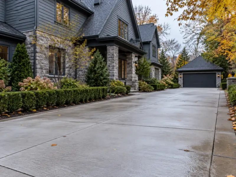 Clean concrete driveway after pressure washing at a stone home in Barrington, IL