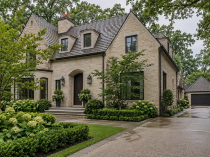 Stone home and detached garage with a clean driveway in Barrington Hills, IL