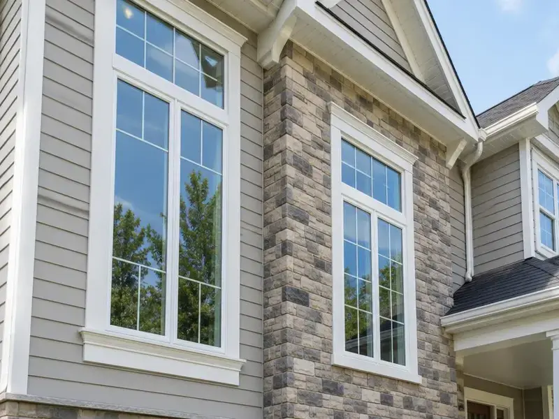 Tall siding, stone and white trim on a large home in North Barrington, IL