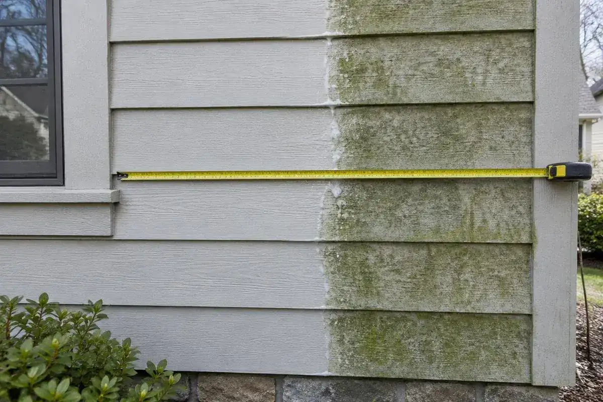 Painted wood siding with a measuring tape and partly cleaned algae in Barrington, IL
