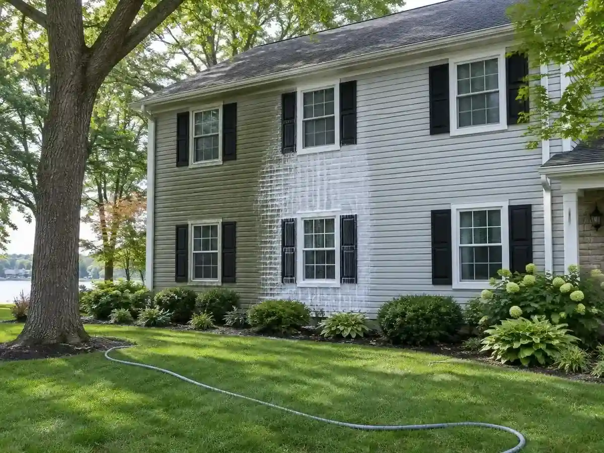 House washing foam on gray siding of a colonial home in Lake Barrington, IL
