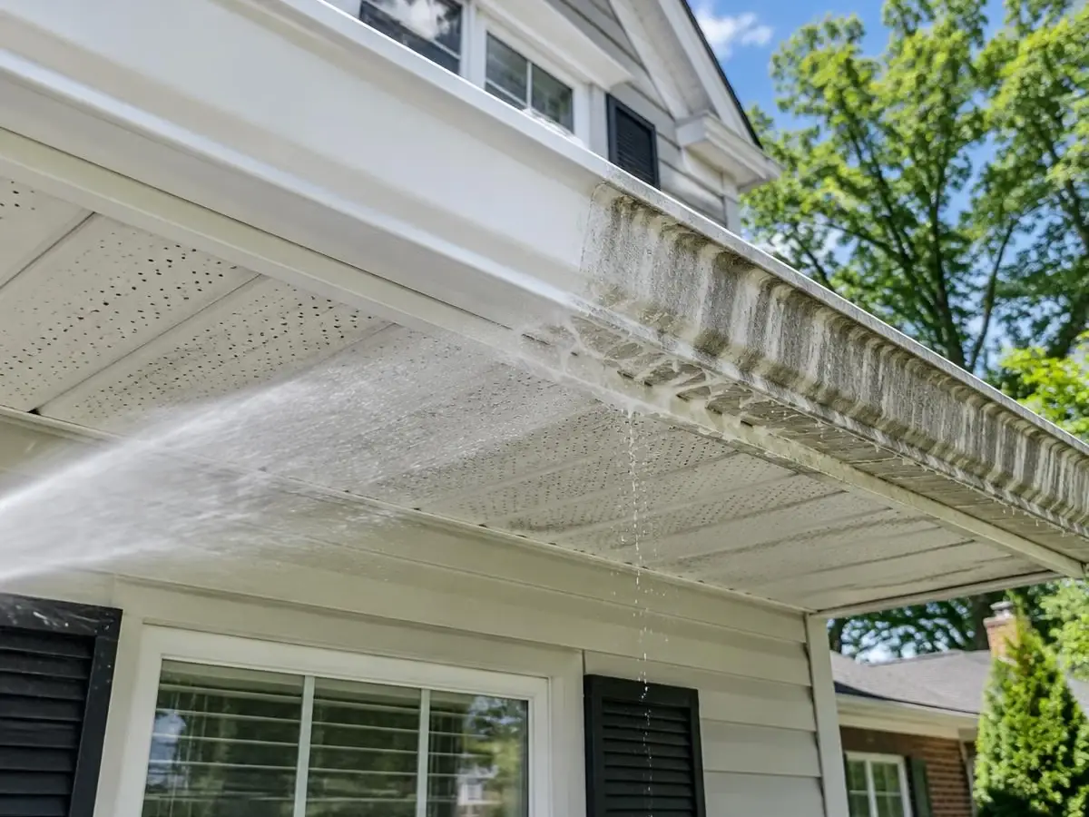 Soft washing soffits and a streaked gutter face on a house in Barrington, IL