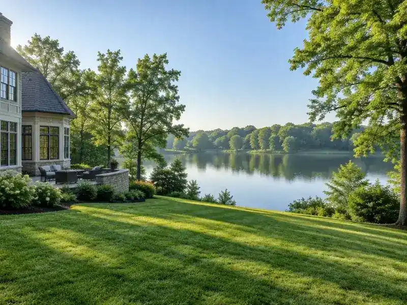 Home with a lawn running down to a lake in North Barrington, IL