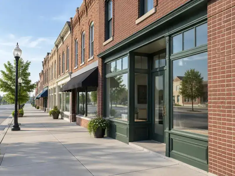 Clean storefronts and sidewalk on Main Street in Wauconda, IL
