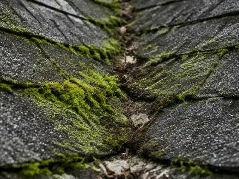 Green moss between asphalt shingles on a roof in Barrington, IL