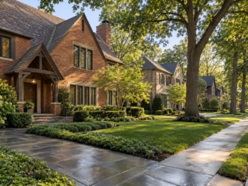 Brick homes and clean sidewalks on a residential street in Cary, IL