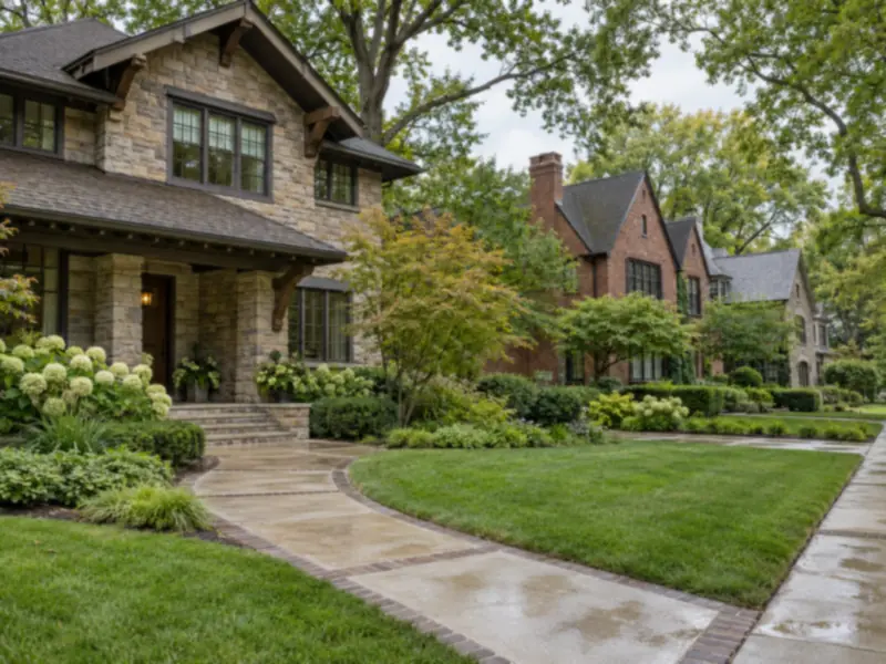Stone craftsman home and clean front walk on a residential street in Lake Zurich, IL