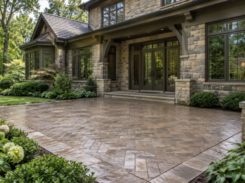 Clean paver patio behind a stone home in Barrington, IL