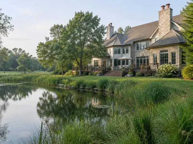 Home with a deck overlooking a pond in Barrington Hills, IL