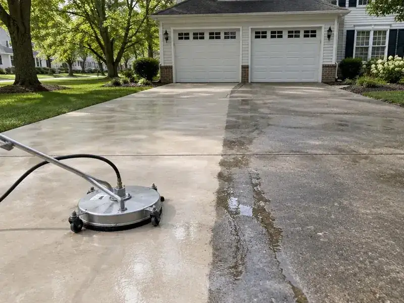Surface cleaner pressure washing a stained concrete driveway in Barrington, IL