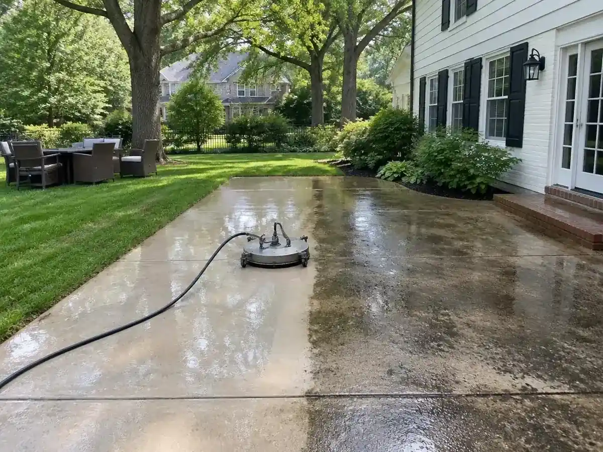 Surface cleaner on a mildewed concrete patio behind a home in Barrington, IL