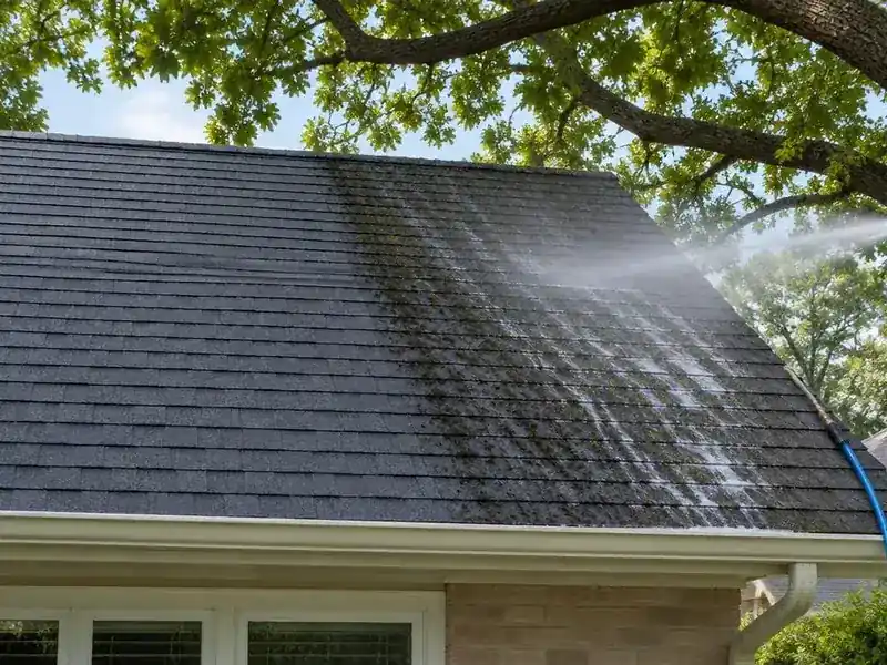 Soft wash roof cleaning removing black algae streaks from asphalt shingles in Barrington, IL