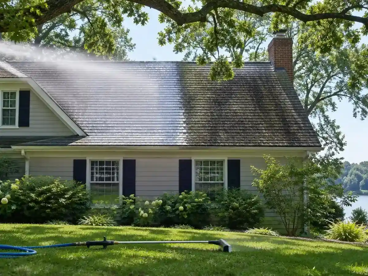 Soft wash roof cleaning on a shaded shingle roof in Lake Barrington, IL