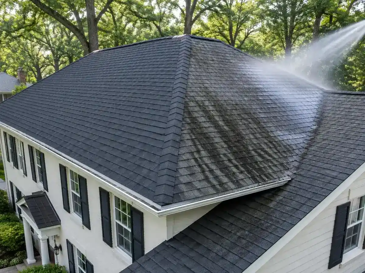 Soft wash cleaning the ridge and valleys of a shingle roof in Barrington, IL