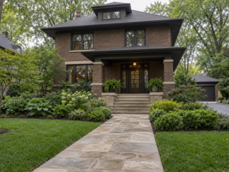 Clean flagstone front walkway leading to a brick home in Barrington, IL