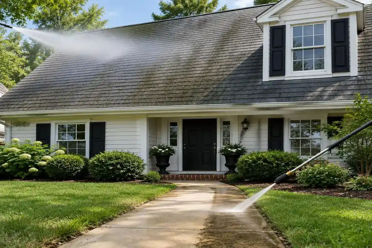 Low-pressure soft wash on a roof and a pressure washer jet on a concrete walkway in Barrington, IL