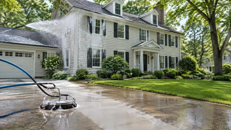 Soft wash vs pressure wash: soft wash on siding and a surface cleaner on the driveway in Barrington, IL