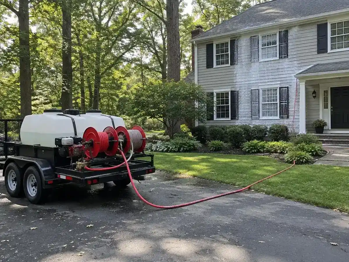 Soft wash trailer with tanks and hose reels at a colonial home in Lake Barrington, IL