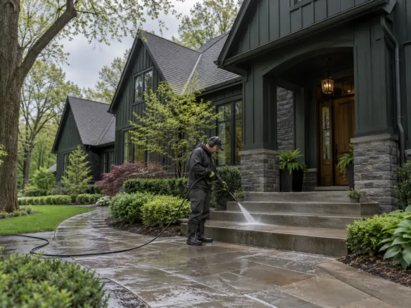Pressure washing concrete front steps at a home in Barrington, IL